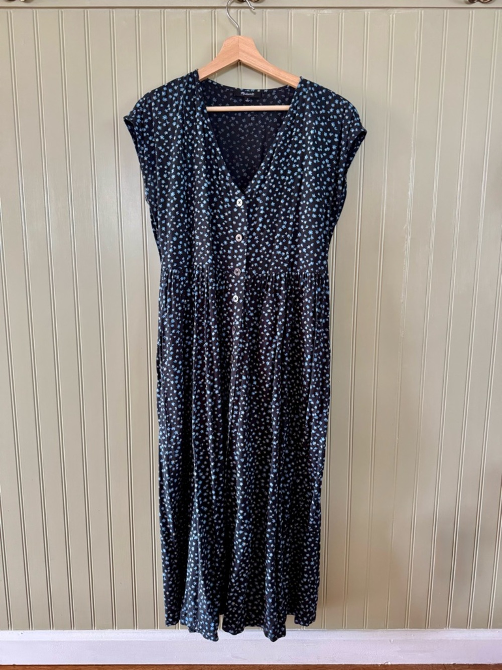 Madewell Navy Blue Button Front Midi Dress with Blue Floral Print